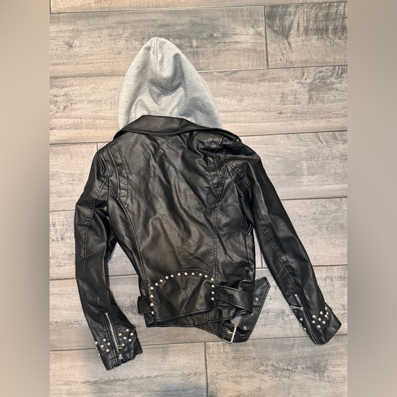 Faux Leather Biker Jacket with studs (with detachable hoodie). Size small. - Picture 5 of 8